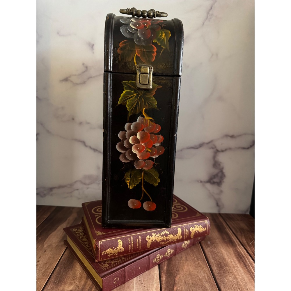 Z Gallerie Sorrento Hand Painted Grape Wine Box Black Wood Single Bottle Carrier